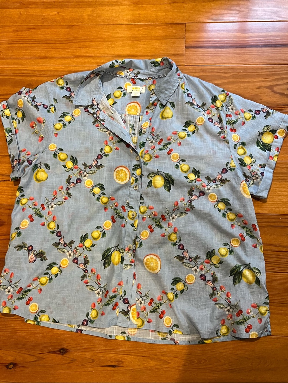 Anthro Women’s Light Blue Short-Sleeve Lemon Print Shirt